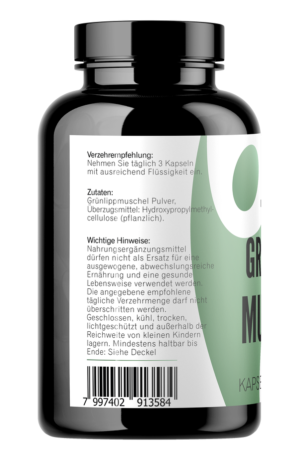 Grünlippmuschel Kapseln 360 Stück Seitenansischt mit Zutaten