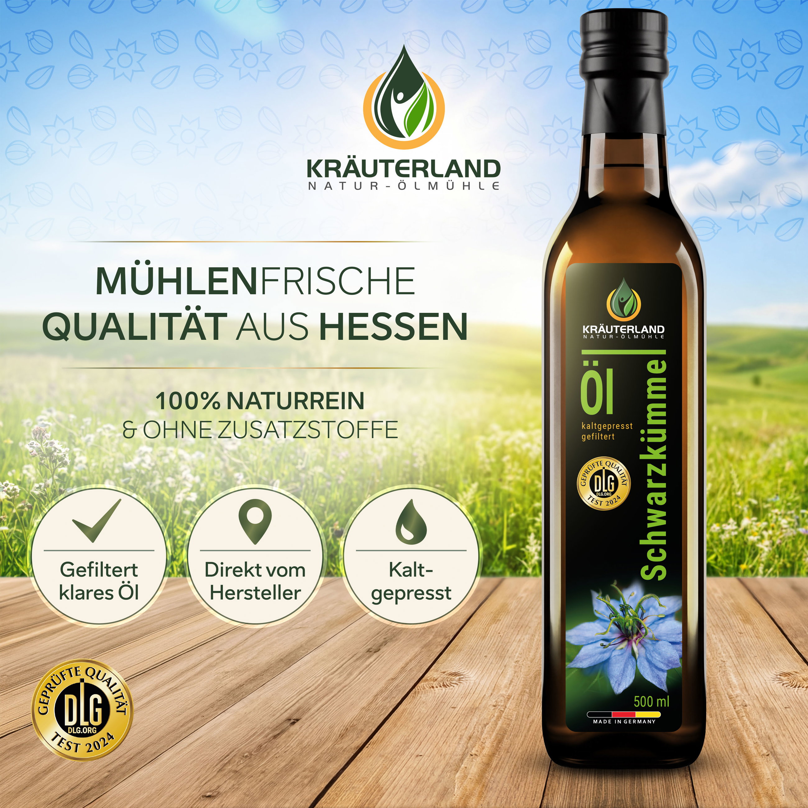 Kräuterland Schwarzkümmelöl gefiltert 500 ml in mühlenfrischer Qualität aus Hessen, naturrein, ohne Zusatzstoffe und direkt vom Hersteller