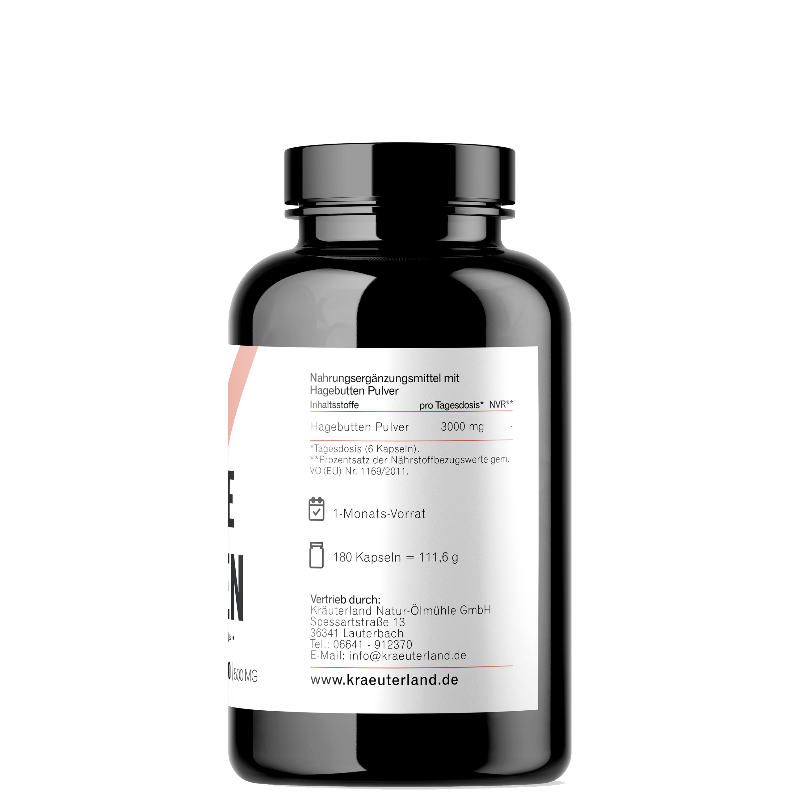 Hagebutten Kapseln 180 Stück Seitenansicht mit Nährwertanlagen