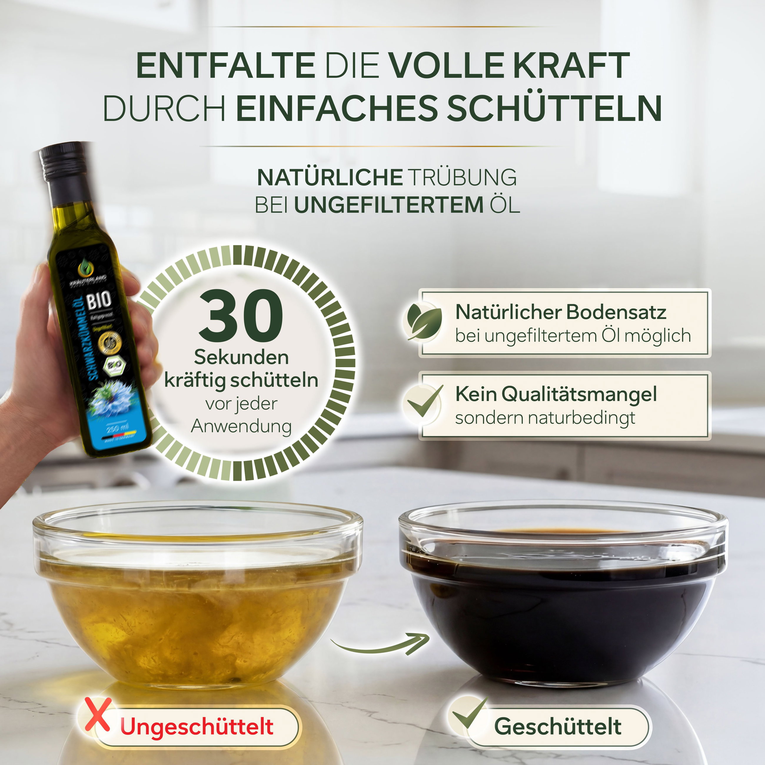 Ungefiltertes Bio Schwarzkümmelöl vor Gebrauch schütteln Ungefiltertes Schwarzkümmelöl mit natürlicher Trübung und Bodensatz, vor jeder Anwendung 30 Sekunden kräftig schütteln