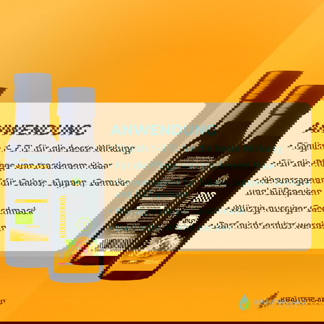 Bio Kürbiskernöl von Kräuterland mit Anwendungshinweisen für Küche und Haarpflege