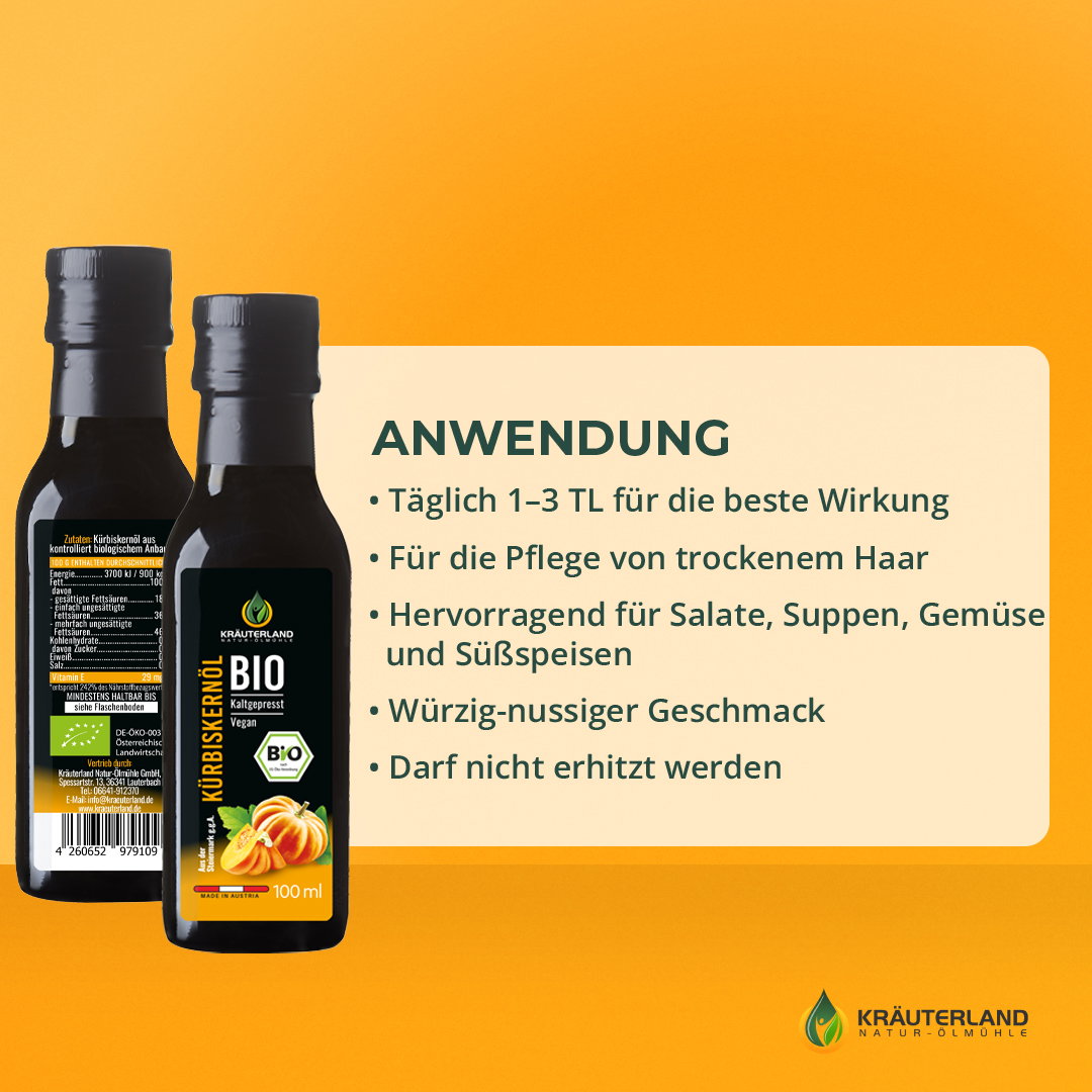 Kräuterland Bio Kürbiskernöl Anwendung und Verwendungsmöglichkeiten Bio Kürbiskernöl von Kräuterland mit Anwendungshinweisen für Küche und Haarpflege