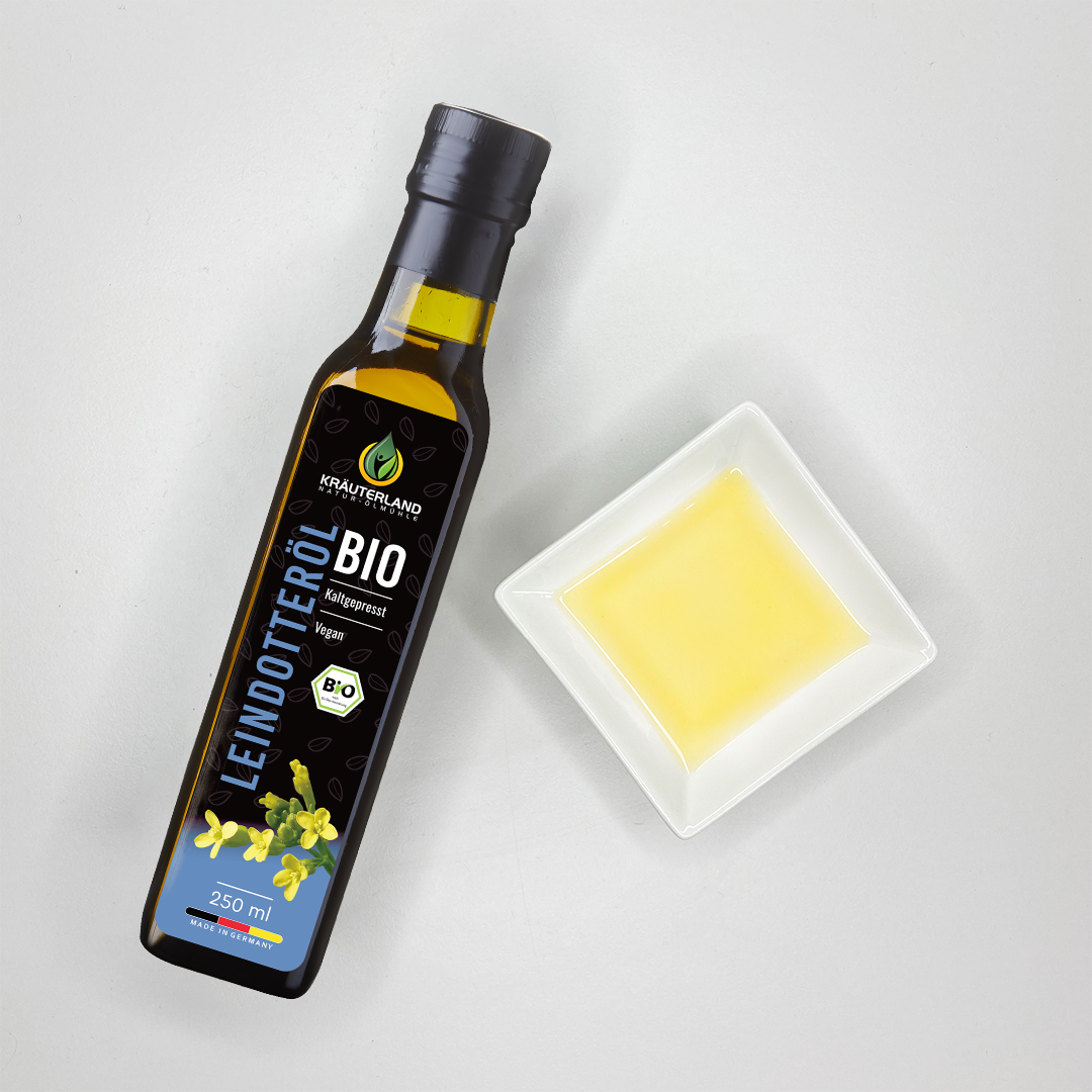 Bio Leindotteröl 250 ml mit Produktabbildung Bio Leindotteröl 250 ml mit Produktabbildung