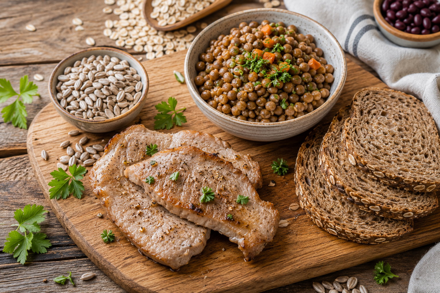 Vollkornbrot, Haferflocken, Linsen, Sonnenblumenkerne, Bohnen und Fleisch als Beispiele für Vitamin-B1-Lebensmittel