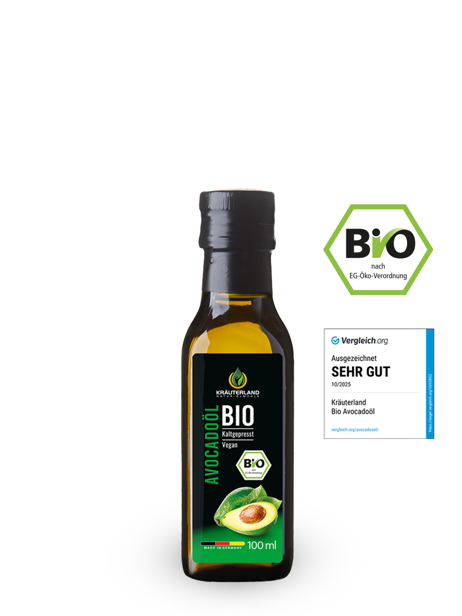 Bio Avocadoöl von Kräuterland mit EU Bio Siegel und Vergleichsorg Bewertung sehr gut