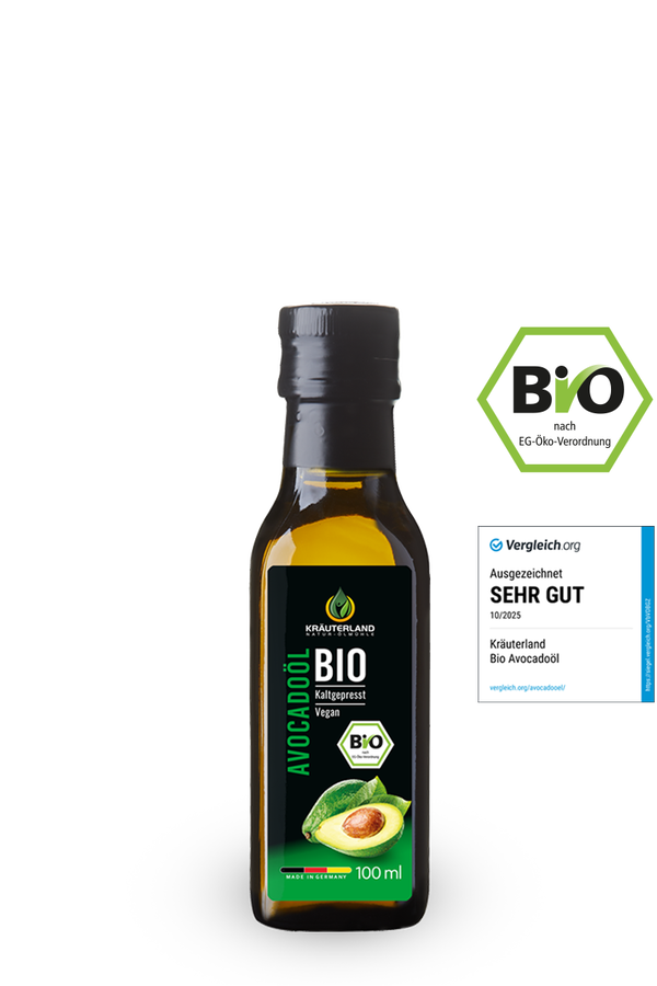 Bio Avocadoöl von Kräuterland mit EU Bio Siegel und Vergleichsorg Bewertung sehr gut