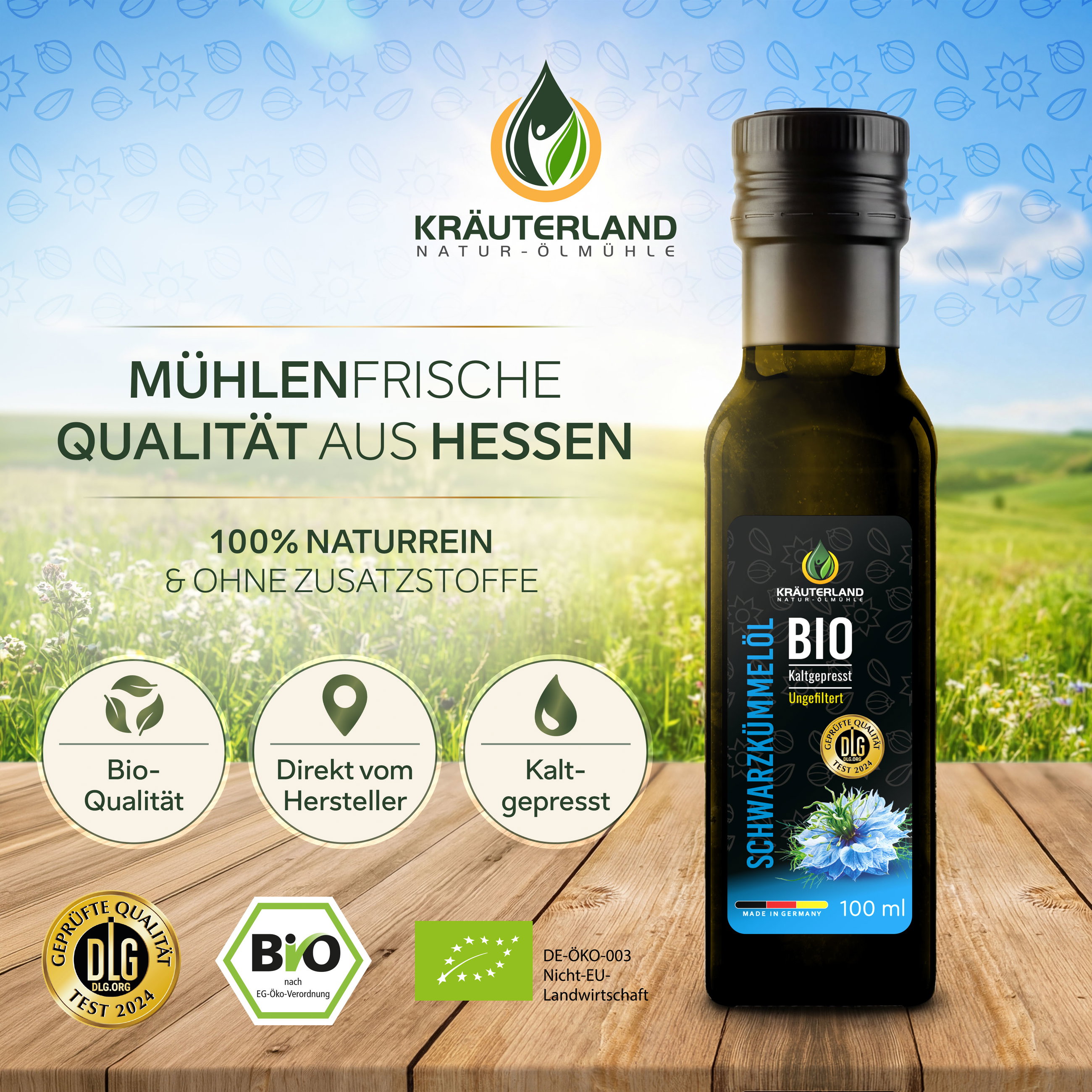 Kräuterland Bio Schwarzkümmelöl ungefiltert 100 ml Kräuterland Bio Schwarzkümmelöl 100 ml in mühlenfrischer Qualität aus Hessen, naturrein und ohne Zusatzstoffe