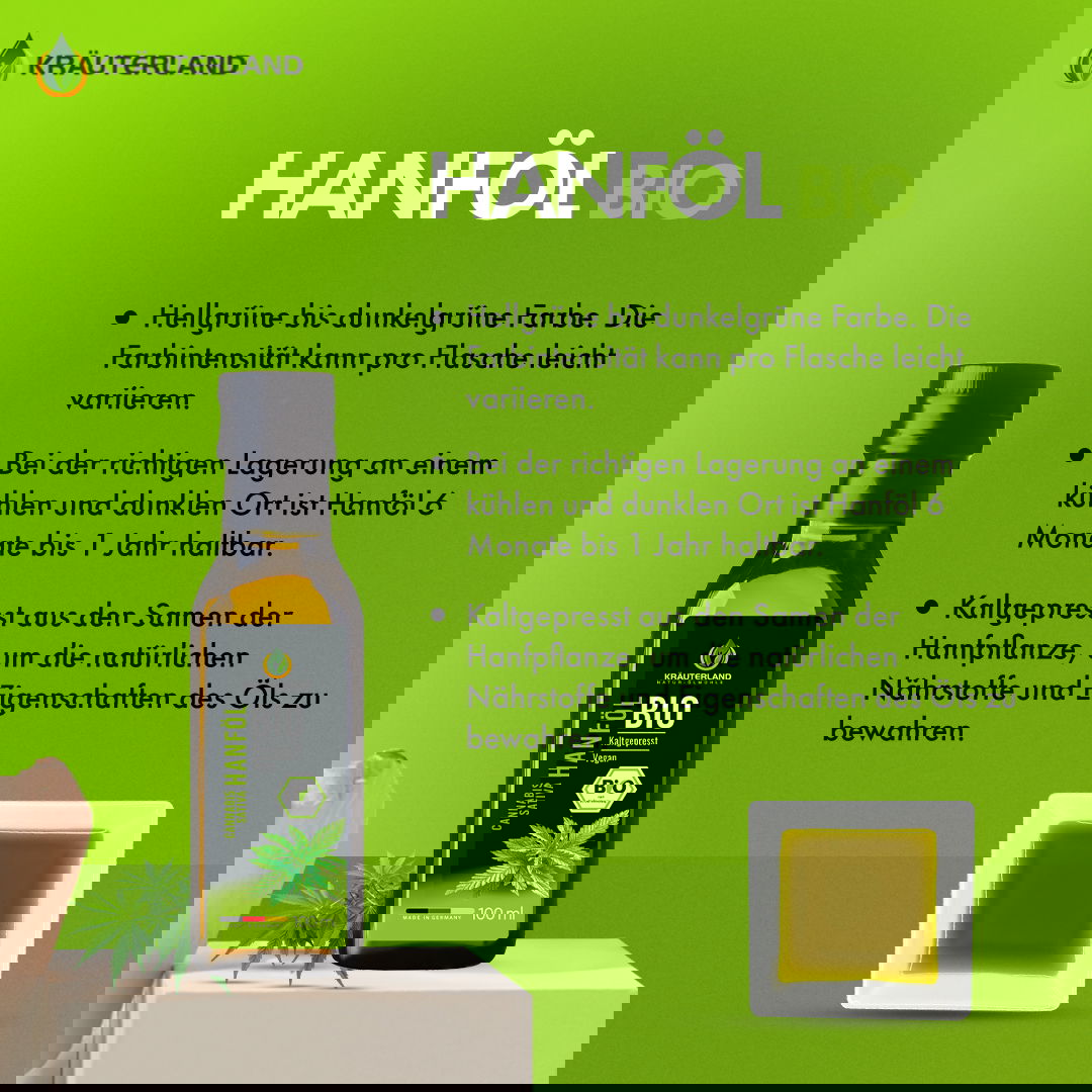 Bio Hanföl von Kräuterland mit Informationen zu Farbe Lagerung und kaltgepresster Herstellung